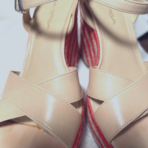 Via Spiga-Women's Wedge Straw Coral & Tan Leather Sandals-4" Heels-Sz. 7M-Unique - Picture 3 of 10